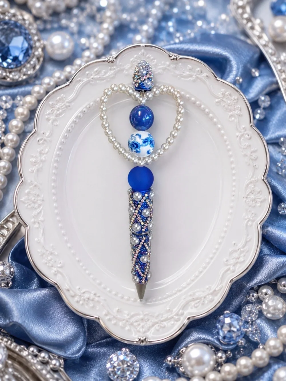 Handcrafted Blue Pearl Beaded Decorative Pen